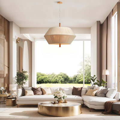 Nimbus Modern Pendant Light – 24" Metal, Wood & Gold, Beige, Ivory White Large Geometric 3-Light Hardwired Dimmable Light Fixture for Living Room, Dining Room, or Entryway in Modern, Minimalist, and Transitional Style
