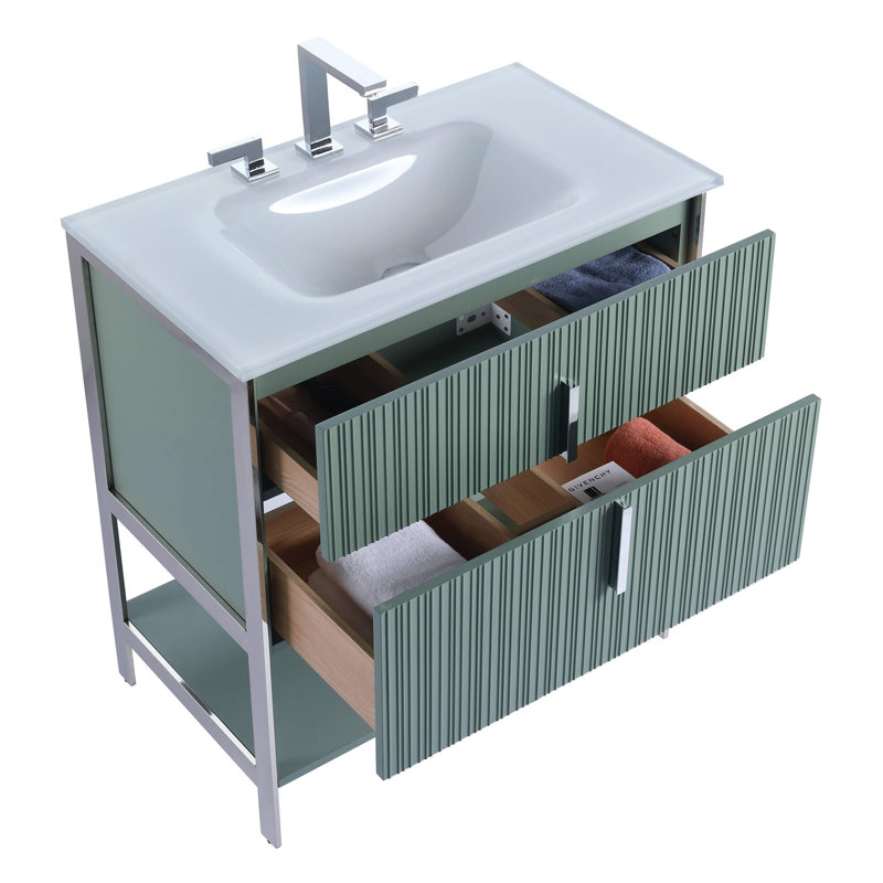 Meuble-lavabo simple avec plateau en verre Millisa, Vert menthe, Chrome chrome, 30"