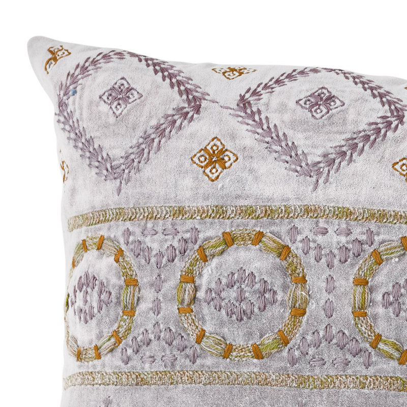 Mauve Cotton Velvet Embroidered Lumbar Pillow