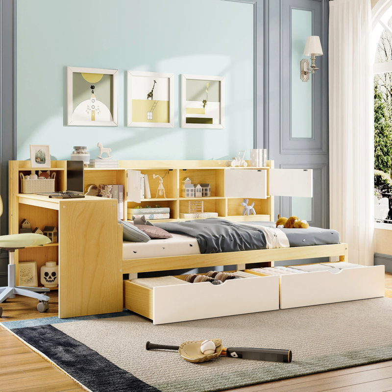 Lit de jour en L avec rangement naturel Natural + White, Lit simple, Naturel