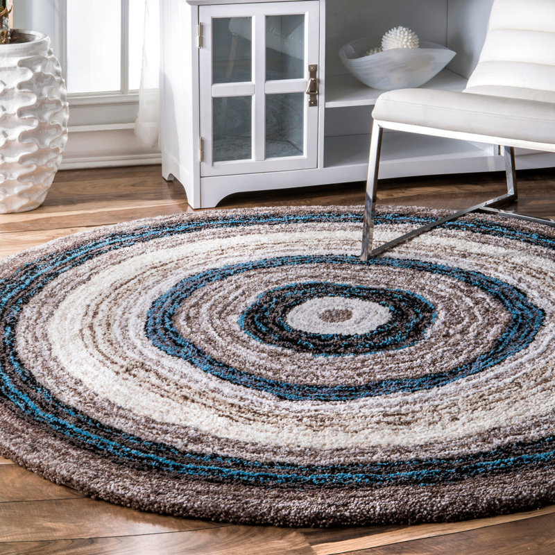 City Striped Shag Tufted Performance Brown/Teal/Blue Rug, Round 8'