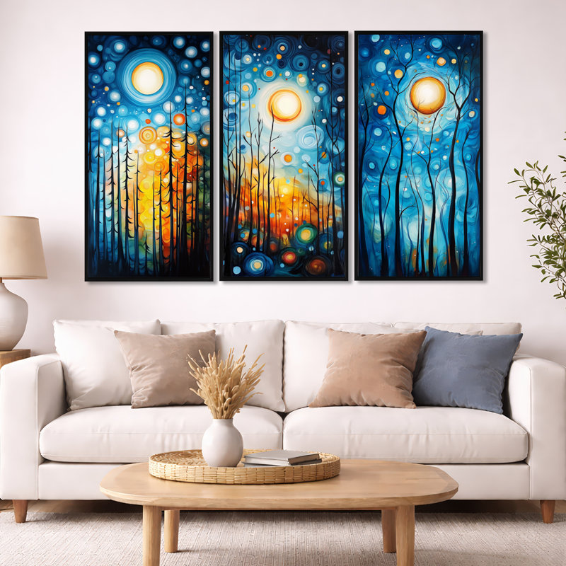 Moonlight Summer Forest Walk - Blue Forest, art mural encadré 3 pièces, Cadre flottant noir, H 32 po x l 48 po