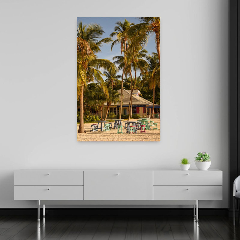Contemporary Art Colorful Peaceful Vibrant Palm Tree Beach Ocean Wall Art by Del Mundo Portraits - Wrapped Canvas Print