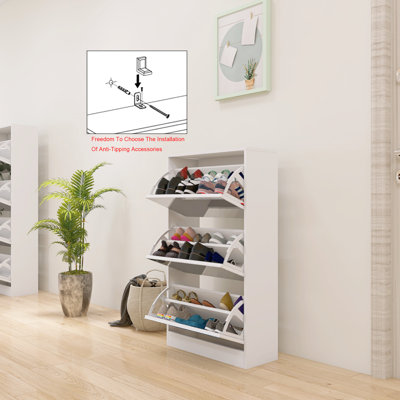 Armoire de rangement étroite pour chaussures avec miroir, étagère mince en bois à 3 niveaux pour la maison et l’appartement, blanc mat