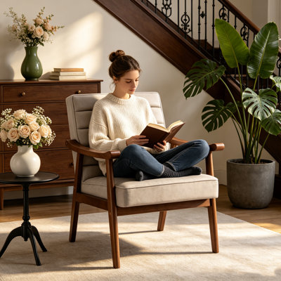 Mid-Century Modern Accent Chair with Solid Wood Frame & Open-Framed Arms, Leather-Look Microfiber Armchair, Plush Padded Seat & Back Cushion for Living Room Bedroom Office