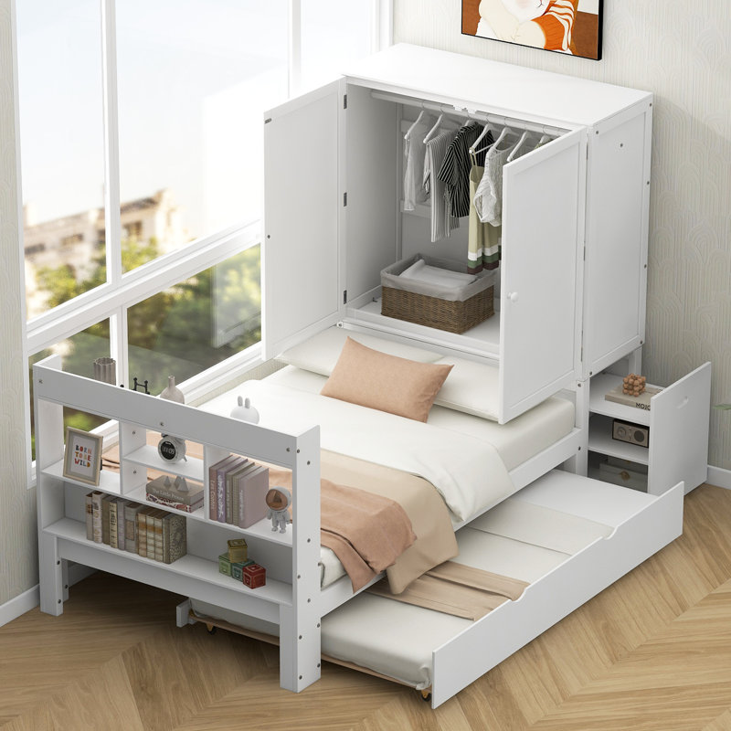 Lit plateforme avec tête de lit et pied de lit avec rangement, tablettes gigognes, gris, Blanc