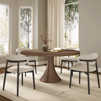 Solid Wood Mid-Century Round Pedestal Kitchen Dining Table Set With Free Leather Upholstered Solid Wood Side Chairs (Set Of 4/6)