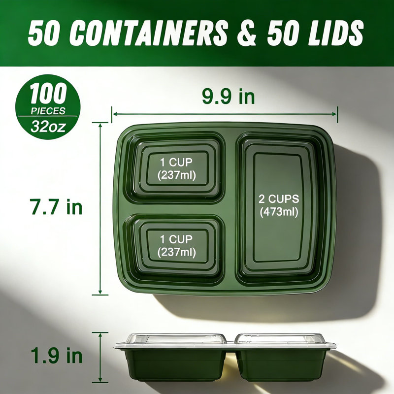 50 Pack (100-Piece) 3-Compartment Meal Prep Containers With Lids, 32 Oz Reusable Plastic Food Storage Containers, Leakproof, Microwave, Freezer, And Dishwasher Safe