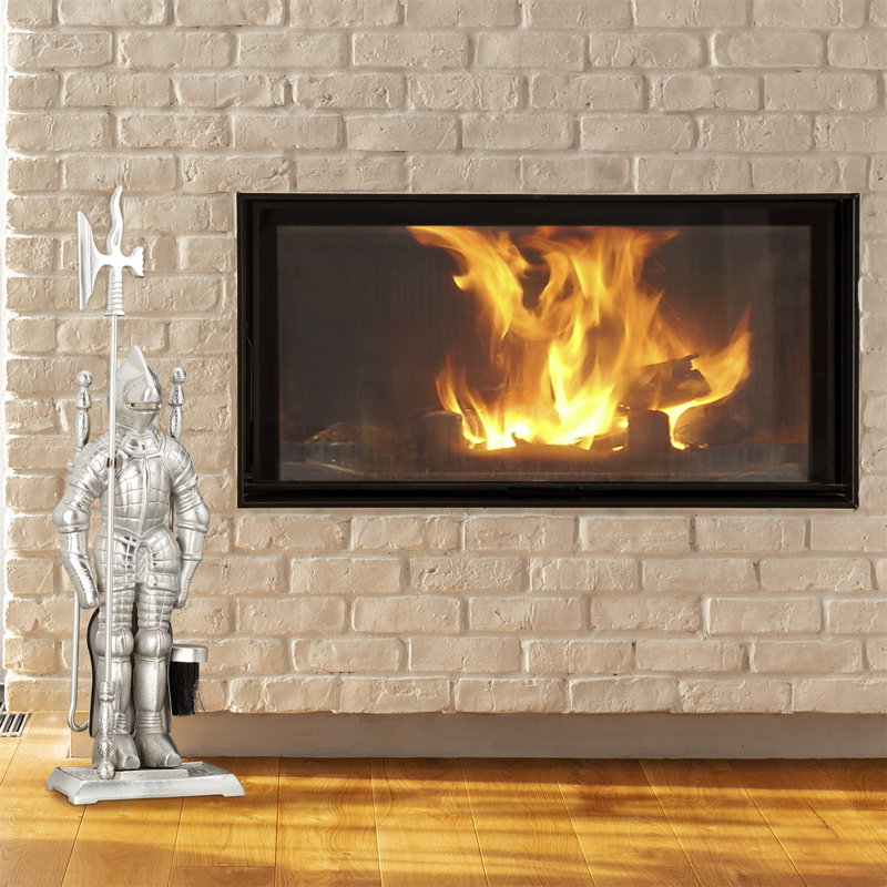 Newtowne Iron Fireplace Tool Set, Silver and black