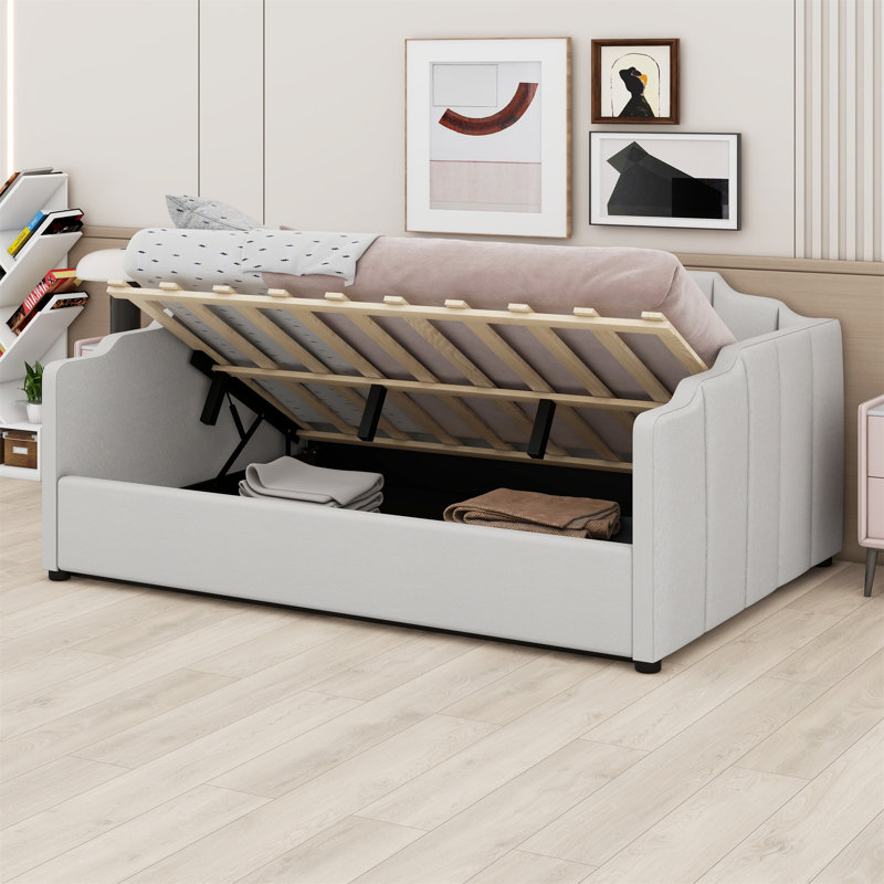 Lit de jour rembourré avec rangement inférieur, Beige