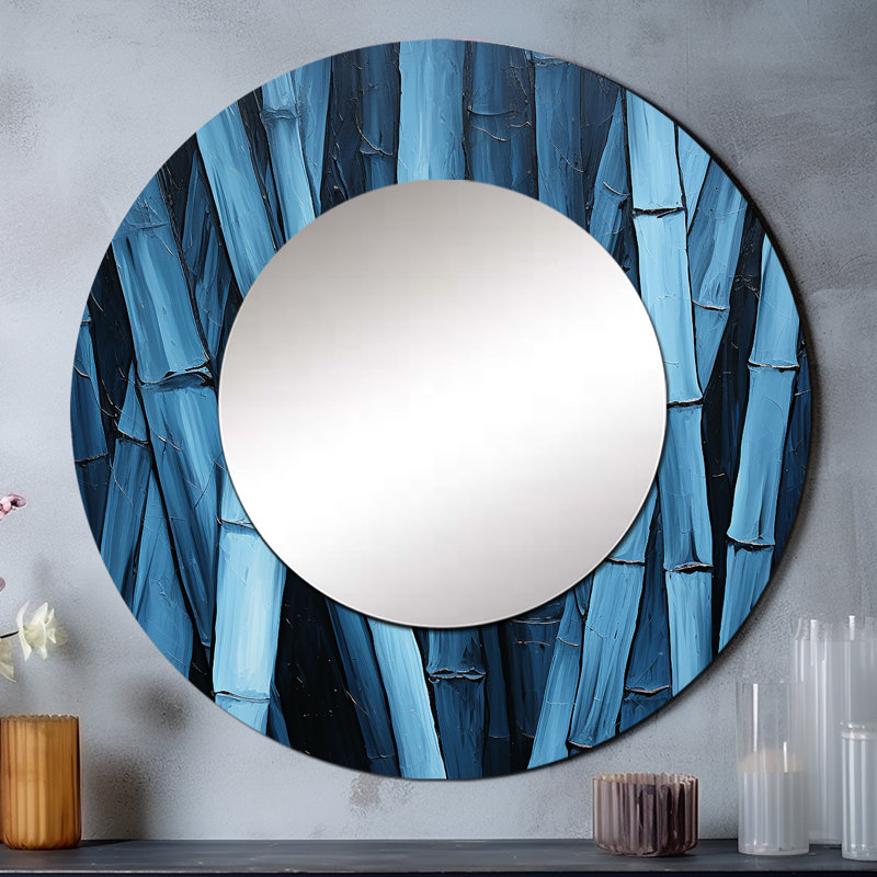 Serenity In Wild Blue Bamboo - miroir en bambou, miroir mural rond bleu, impression sur métal, 29 po x 29 po