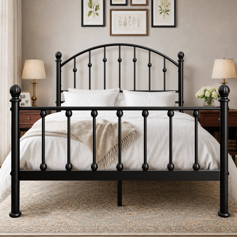 Base de lit plateforme rétro en métal avec tête de lit arquée, support de lattes en acier robuste, conception en EVA réduisant le bruit et rangement sous le lit de 12,6 po
