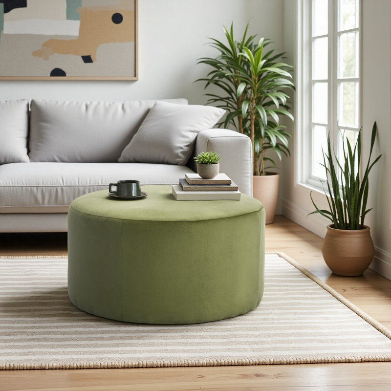 Upholstered Round Ottoman, Green Velvet