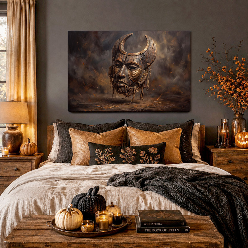 Toile d'Halloween en bronze avec masque à cornes et chiffons, H 28 po x l 40 po