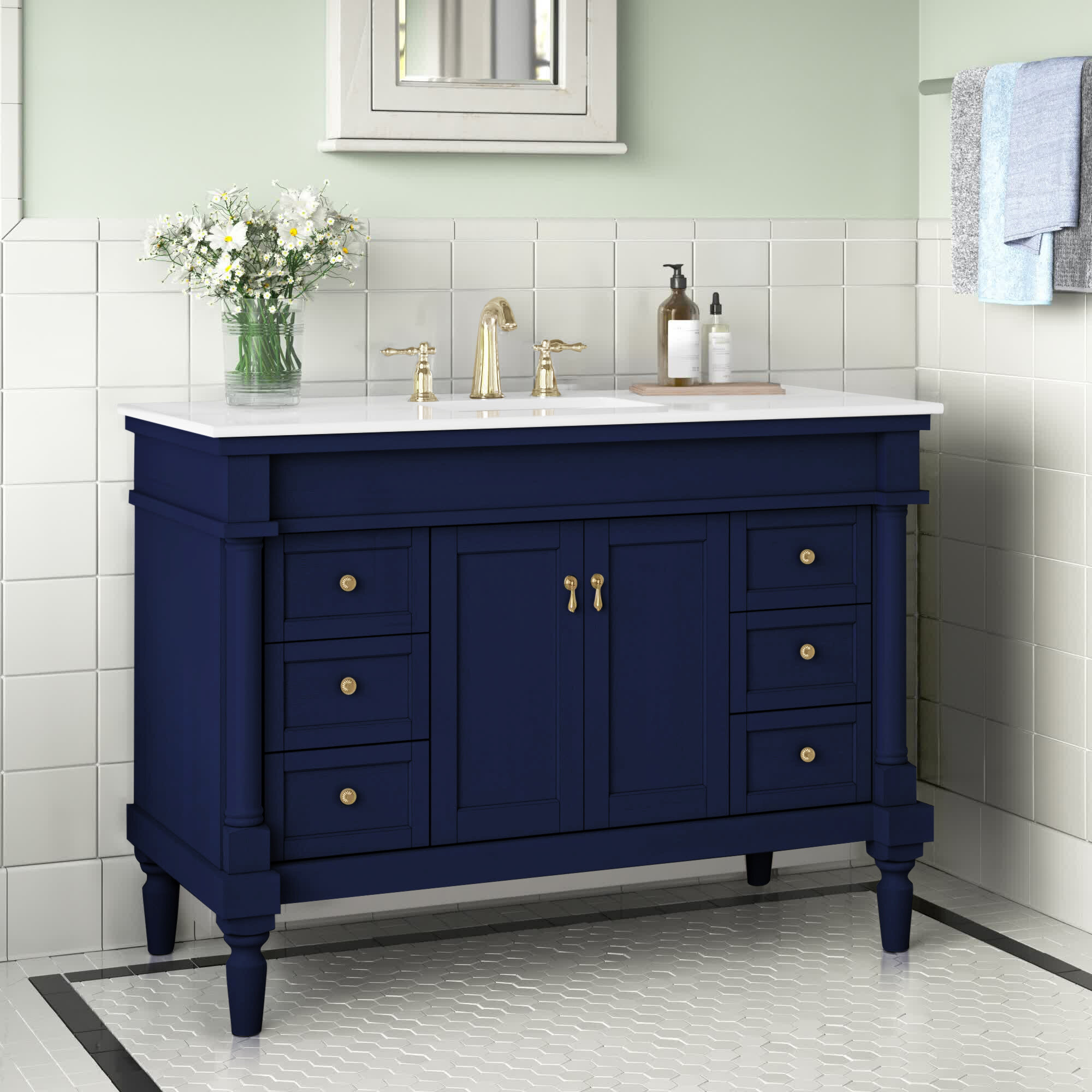 Vanity Art 12 Narrow Bathroom Side Storage Cabinet with Engineered Marble Top - Blue