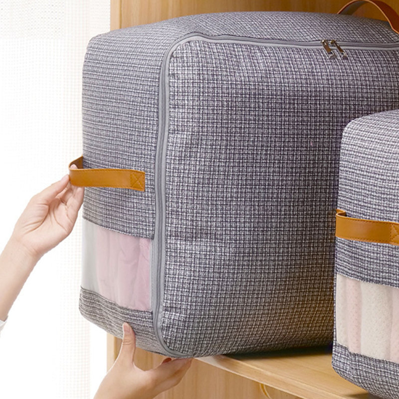 Portable Quilt Storage Bags for Clothes Blankets, 3Pcs Tweed Style Foldable Organizer Bags with Leather Handles, Oxford Fabric Large Capacity Storage for Comforter Seasonal Clothing, Clear Window Waterproof Moisture-Proof