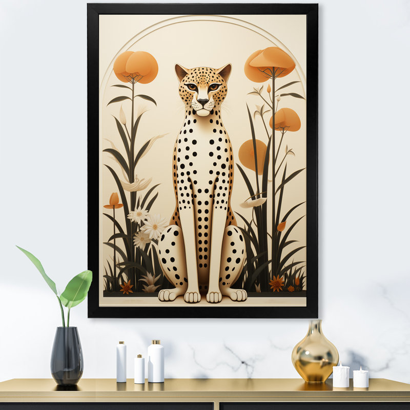 Guépard beige et vert du milieu du siècle - Art mural guépard, H 32 po x l 16 po x P 1 po, Encadrement argenté