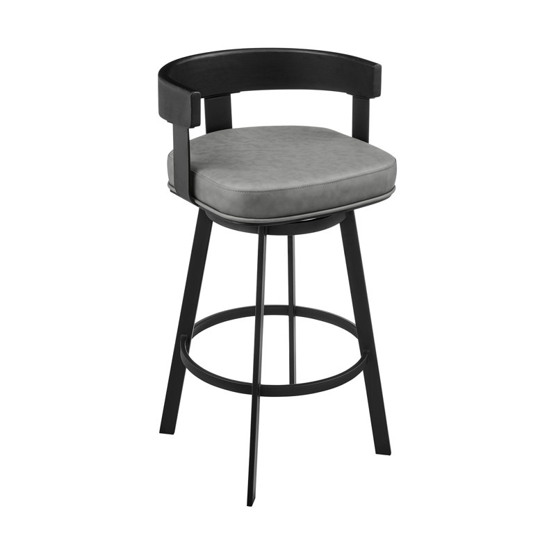 Ahlem Modern Swivel Counter or Bar Height Barstool with Arms and Open Low Back in Iron with Wood and Faux Leather