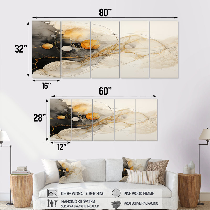 Maselli - Encre liquide, art mural abstrait, toile 5 pièces, H 32 po x l 80 po