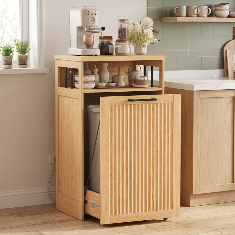 Armoire à poubelle coulissante 13 gallons - Design cannelé avec tablette de rangement ouverte, 13 Gallons, Chêne naturel