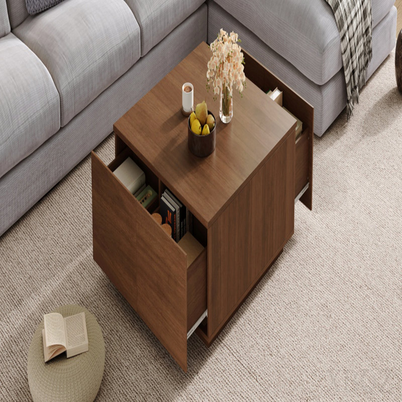 Table basse 33,25 po carrée avec 4 tiroirs, noyer