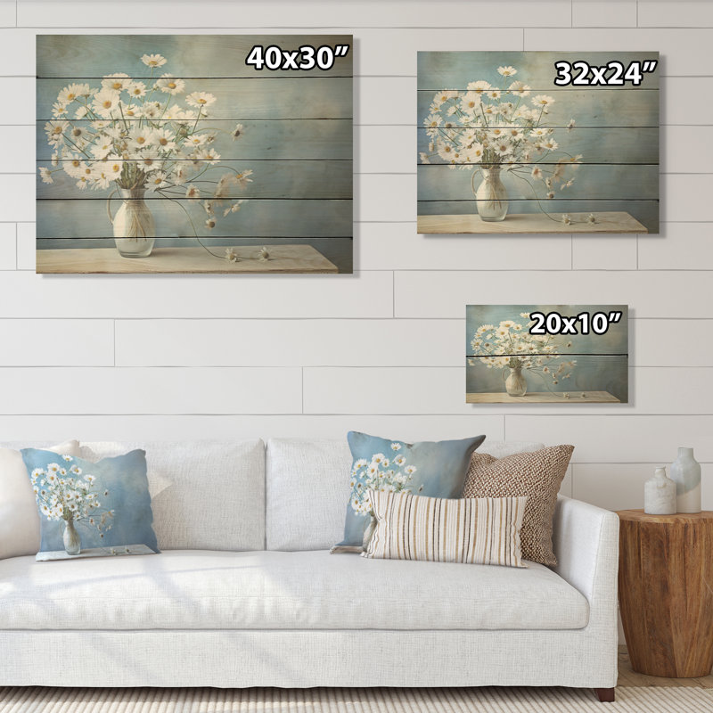 «White Daisy Efflorescence Bouquet» sérénité - marguerites, art mural sur bois de pin naturel, H 24 po x l 32 po