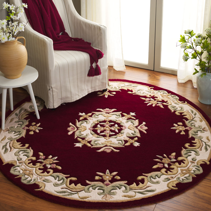 Stembridge Hand Tufted Wool/Cotton Floral Rug in Red/Ivory, Round 6'