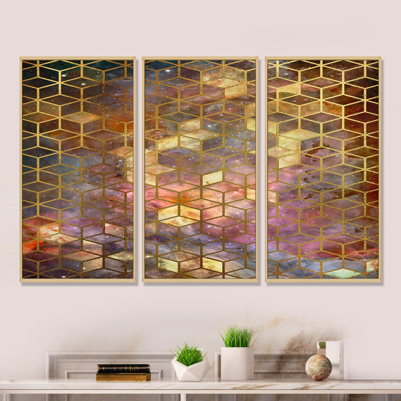 Cubes jaunes sur fond nébuleux - Ensemble de 3 reproductions sur toile, H 20 po x l 36 po x P 1 po, Cadre brun