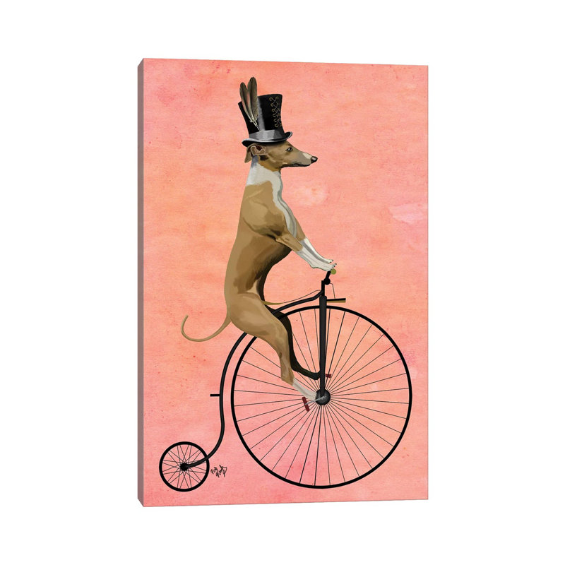 Greyhound On Black Penny Farthing Bike by Fab Funky - Wrapped Canvas Painting, 66.04 cm H x 45.72 cm W x 1.91 cm D