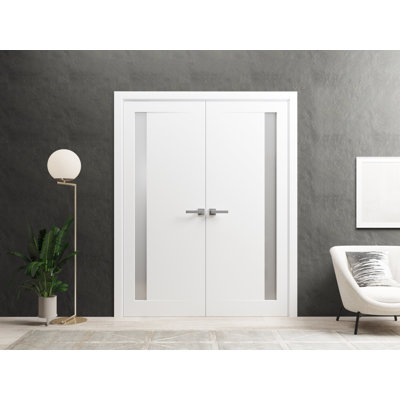 Portes françaises doubles solides | Planum blanc peint avec verre givré 0660 | Garnitures en bois massif