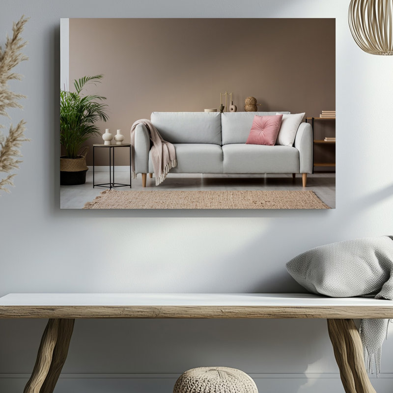 Toile «Un espace de vie minimaliste serein avec art mural gris clair orné d'un jeté beige doux et d'un coussin rose», art mural