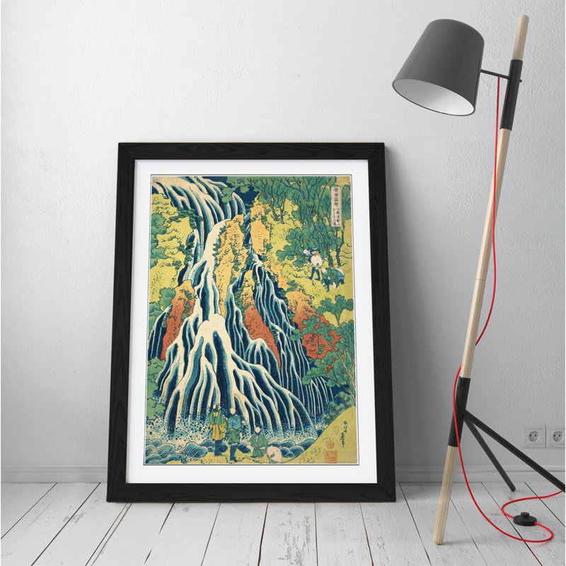 Hokusai Kirifuri Waterfall Picture Japanese - Single Picture Frame Painting on Canvas, Black Frame, 89cm H x 64cm W x 2cm D 