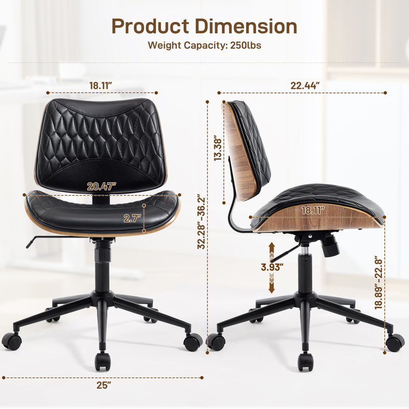 Home Office Chair No Arms with Wheels, Adjustable Height Small Desk Chair, Black