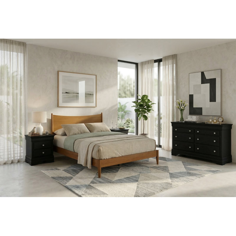 Barvelle Solid Wood 4 Piece Bedroom Set, Orange/Ivory, 4 Pcs: Bed, Dresser, 2 Nightstands