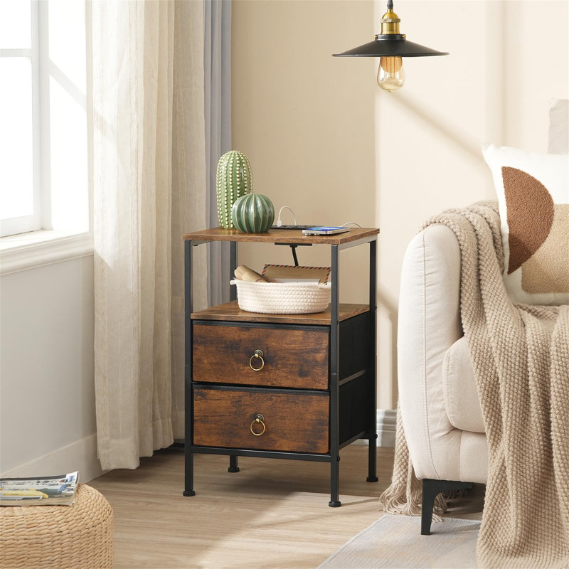 Side Table With Charging Station, Bedside Table With 2 USB Ports And Outlet, End Table With 2 Fabric Drawers, Sofa Side Table, Nightstand For Small Spaces
