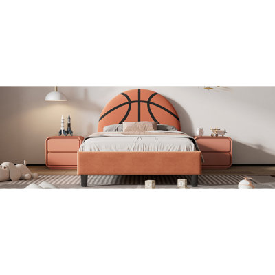 Lit plateforme tapissier Basketball Design pour enfants et garçons, adolescents, orange