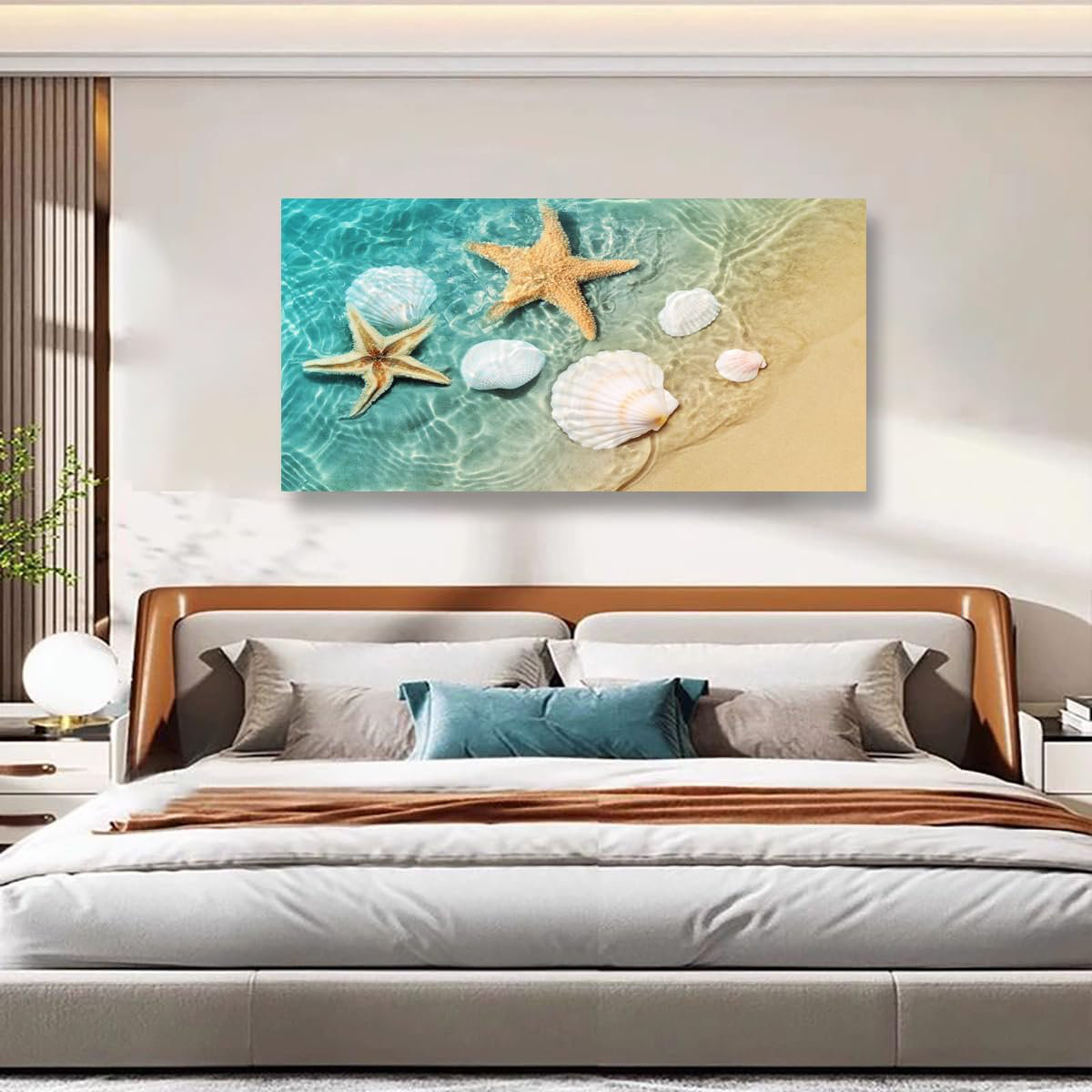 Tableau Sur Toile Plage 3 Pièces - Étoile De Mer Rose, Coquillages, Corail - Décoration Murale Art Déco