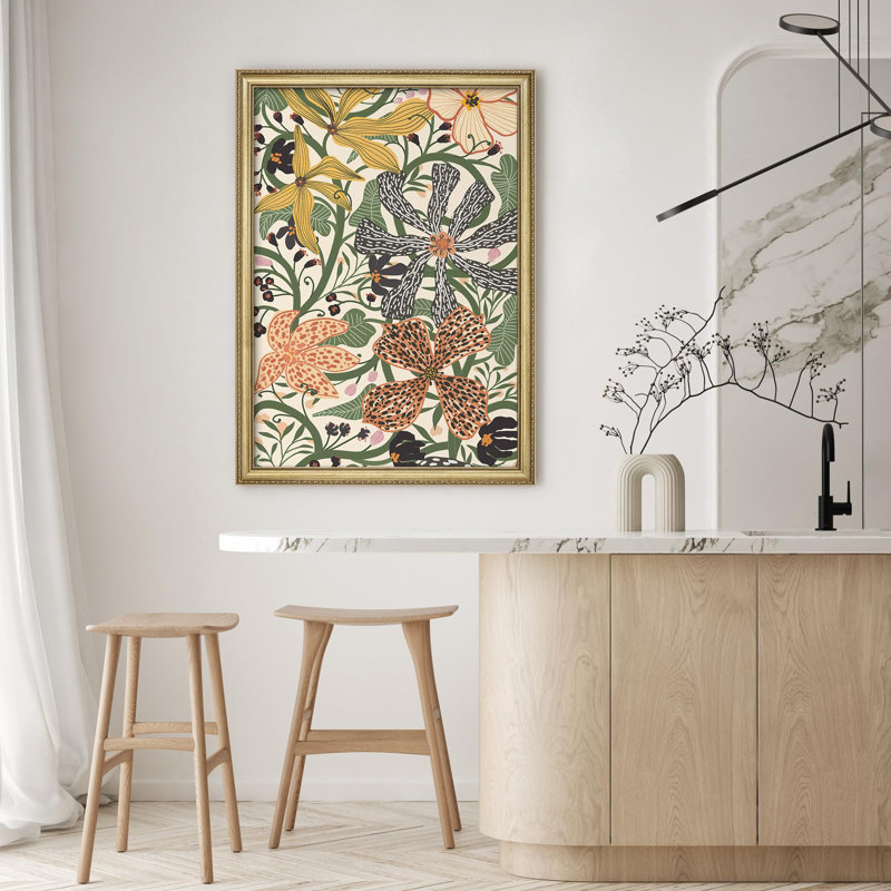 "Motif floral coloré, fleurs vibrantes botaniques rustiques, décoration murale encadrée or", Pas de tapis