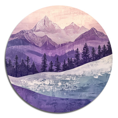 Snow Mountain Peaks Painted With Lavender - Décoration murale ronde en métal Winter Mountains