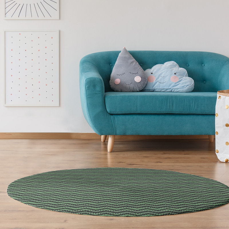 Tapis à chevrons ondulés vert/brun foncé, Rond 5 pi