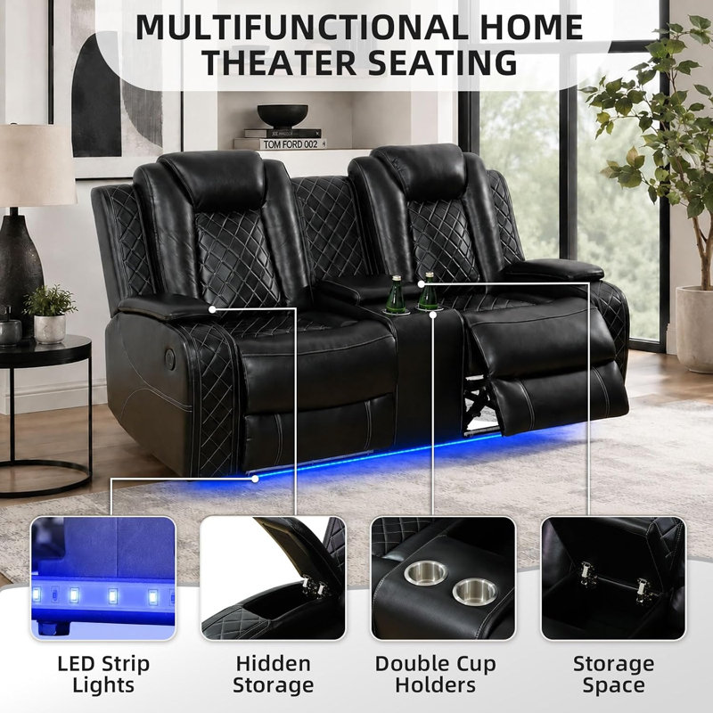 1 canapé-causeuse inclinable électrique 1 pièce, canapé de cinéma maison de luxe, port USB, lampe de lecture, porte-gobelet, console centrale avec table rabattable, similicuir pour salon et salle multimédia noir