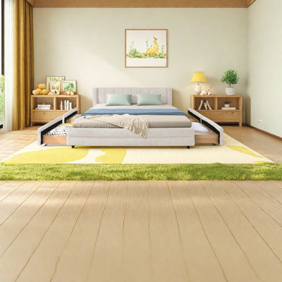 Grand lit tapissier moderne avec tiroir de rangement, structure en chenille