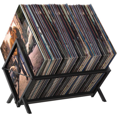 Black Iron Mesh Vinyl Record Rack – 80-100 LP Capacity Anti-Scratch Metal Organizer with Movable Support Rods