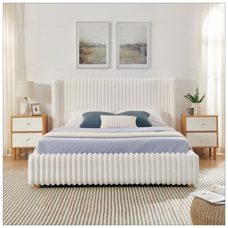 Lit de luxe rembourré en fourrure de lapin avec rangement à vérin à gaz, conception à rayures verticales pour chambres à coucher modernes