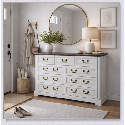 Commode 9 tiroirs Farmhouse, commode en bois rustique avec poignées en métal, large meuble télé avec commode pour la chambre à coucher, le salon, le couloir, la salle à manger