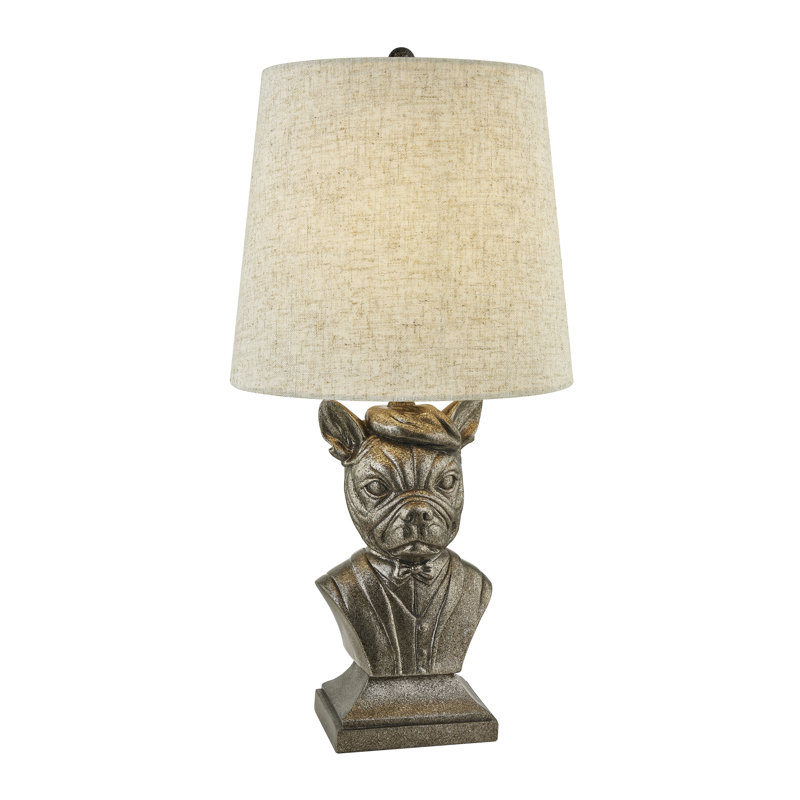 20" Bronze Resin French Bulldog Bust Table Lamp With Linen Shade, Tan, Brown