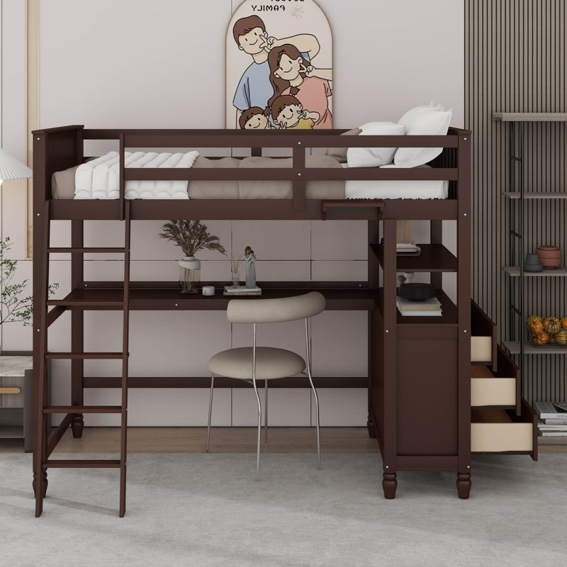 Lit mezzanine avec tiroirs, bureau et tablettes, Simple, Espresso