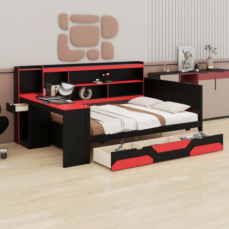 Lit de jour multifonctionnel avec bureau intégré, station de charge et tiroirs de rangement, Noir et rouge, Double
