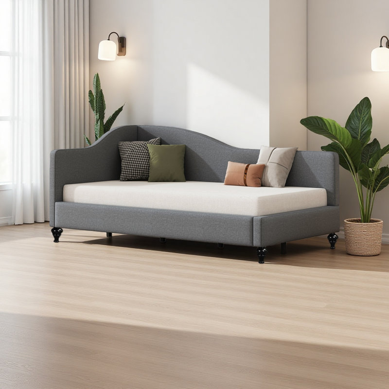 Lit de jour en L en forme de L, avec pieds en bois massif, Lit simple, Gris