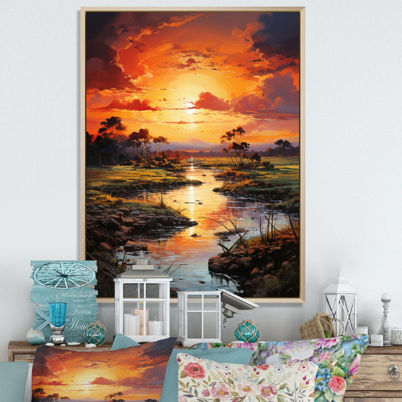 Vietnam River Delta Sunset III sur toile, Cadre naturel flottant, H 32 po x l 16 po x P 1 po